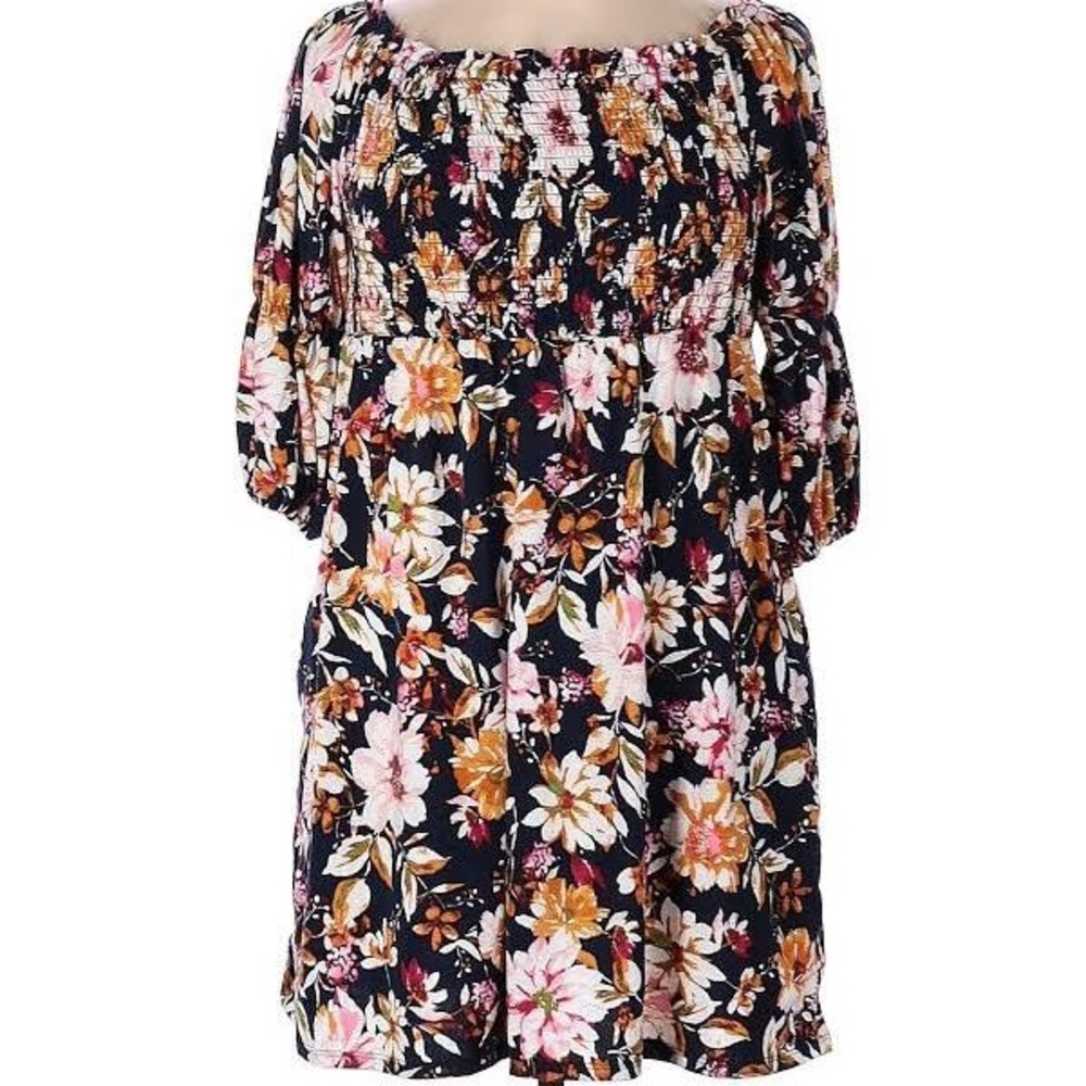 🆕NWT Robert Louis Plus Navy Floral Bell Sleeve Mini Dress, 2X